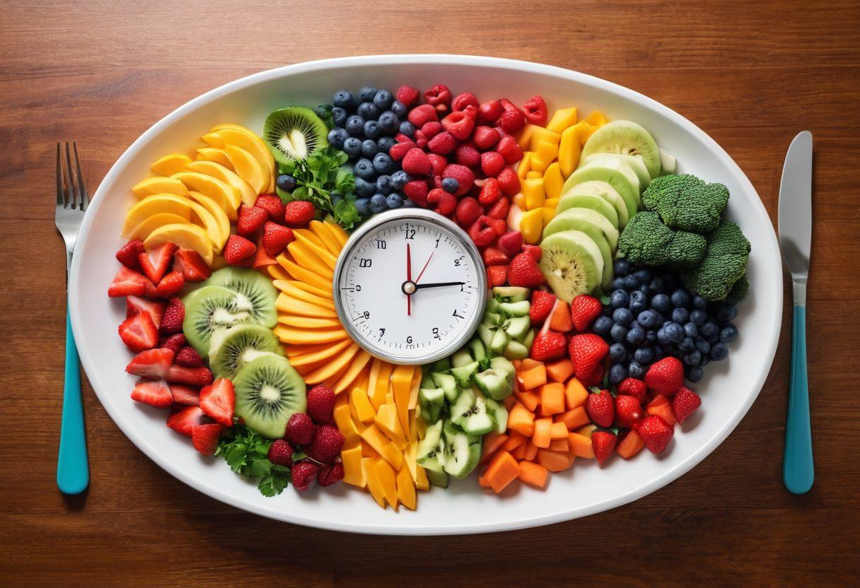 A vibrant, colorful plate of healthy foods showcasing fresh fruits, vegetables, lean proteins, and whole grains, with a measuring tape artistically arranged around it. In the background, a glowing lightbulb symbolizes knowledge and potential. Add motivation quotes floating subtly in the air. stylized as digital art. bright colors. energetic and inspiring atmosphere.