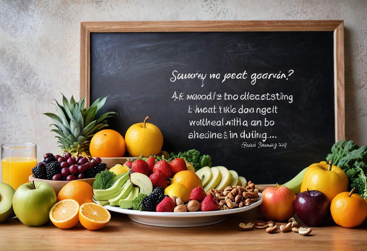 A vibrant and colorful plate filled with fresh fruits, vegetables, and lean proteins, radiating health and vitality. In the background, an array of healthy food options like whole grains and nuts, subtly hinting at dietary diversity. The setting is a bright, inviting kitchen with natural light illuminating the scene, symbolizing a holistic approach to dieting and metabolism. Include a motivating quote about fitness on a chalkboard in the background. super-realistic. vibrant colors. bright kitchen setting.
