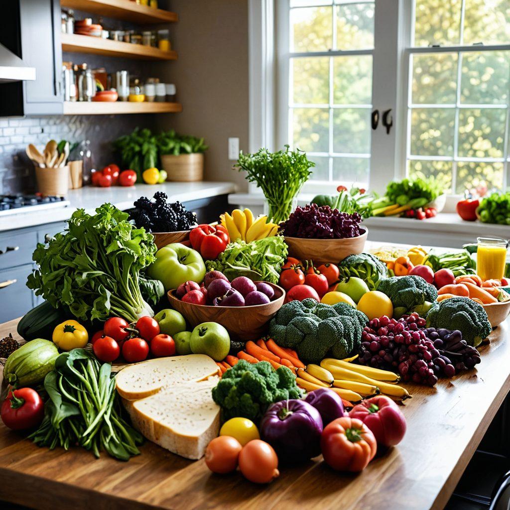 A vibrant kitchen scene showcasing a diverse array of colorful fresh vegetables, fruits, whole grains, and lean proteins artfully arranged on a wooden table. In the background, a measuring tape and a notepad with handwritten dietary tips are subtly included to suggest planning. Bright sunlight filters in through a window, casting lively shadows, amplifying a healthy lifestyle vibe. super-realistic. vibrant colors.